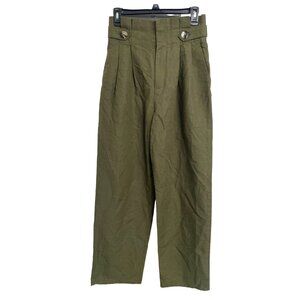 Zara Woman Size Small S SM High Waisted Wide Leg Olive Pants folded waistband